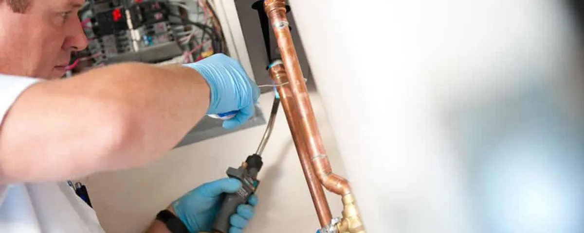 Water heater repair technician testing copper pipe connections and controls in Easton, PA